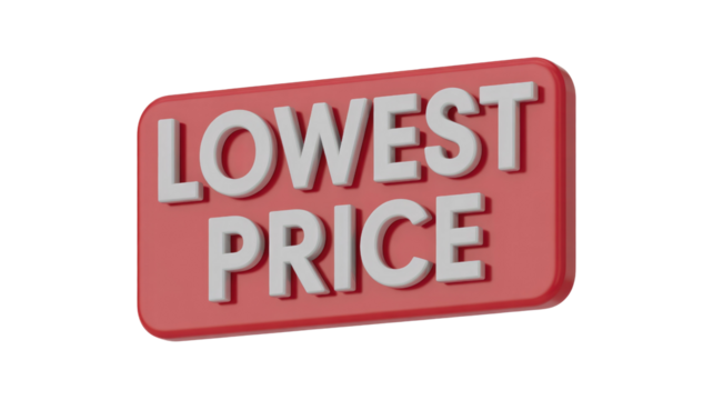 A vibrant red 3D badge displays "LOWEST PRICE" in bold white text, signifying an unbeatable offer or promotional deal. background removed