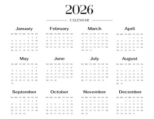Minimalist English 2026 year calendar template single horizontal page with 12 month. Layout yearly planner week starts on sunday with elegant typography