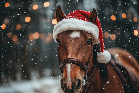 Festive Chestnut Horse Celebrates Winter Holidays in Santa Hat with Twinkling Lights and Snowfall