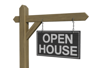 A classic wooden 'Open House' sign displayed on a post, ready to announce a property viewing. Perfect for real estate listings. background removed