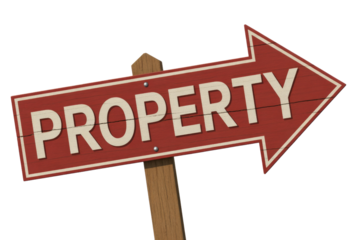 A rustic red arrow sign with 'PROPERTY' in white capital letters points right on a wooden post, directing real estate. background removed