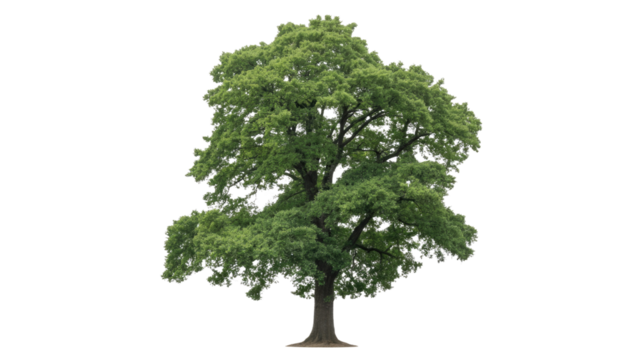 A vibrant, mature deciduous tree with abundant green leaves and a sturdy trunk, isolated against a solid background. background removed