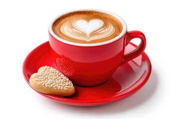 Valentine's day cappuccino with heart shaped biscuit on red cup and saucer - perfect for romantic celebrations and cozy mornings
