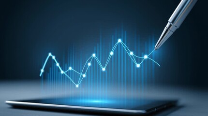 Futuristic stylus drawing glowing blue financial graph on digital tablet with light effects and data points - Powered by Adobe