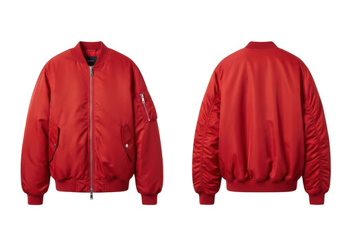 Front and back view of a red bomber jacket on a black background