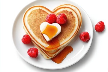 Delicious heart shaped pancake on white plate with fresh raspberries and syrup for romantic valentine's day breakfast