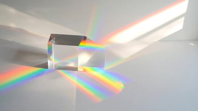 A clear, prism-shaped object refracts light, creating a rainbow on a neutral white surface