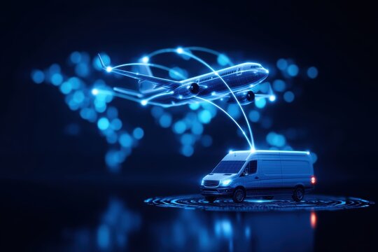 air freight delivery tracking. Futuristic transport network featuring a van and airplane in a digital landscape.
