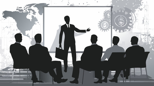 Professional business team meeting illustration with a presenter outlining global strategy, finance, and development concepts