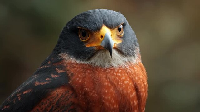 Grey headed bird raptor portrait with orange chest and piercing eyes hawk portrait with sharp beak and detailed feathers raptor head closeup with