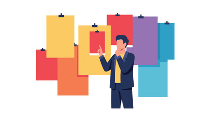 Businessman thoughtfully analyzing various options and ideas on a wall of colorful sticky notes during a brainstorming session.