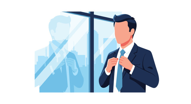 Confident businessman adjusting his tie in front of a window, his reflection showing a successful professional ready for the day.