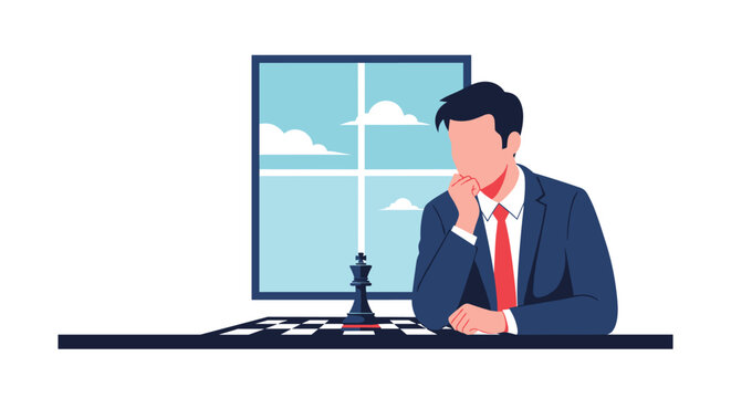 Thoughtful businessman contemplating his next strategic move while looking at a lone king on a chessboard in his office.