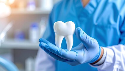 A medical professional holds a perfect, white model of a human tooth in a gloved hand