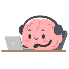 Cartoon Brain Wearing Headset Working on Laptop