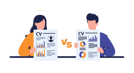 Male and female candidates competing for a job, holding their resumes with a versus sign between them for comparison.