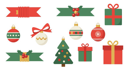 Christmas icons ornaments presents tree  banners festive decorations against a white background