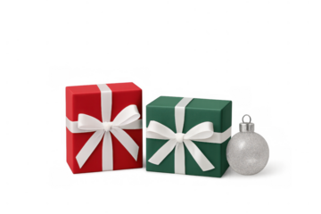 Christmas holiday season gifts with red and green boxes and white ribbons, silver ornament, transparent background