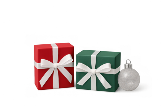Christmas holiday season gifts with red and green boxes and white ribbons, silver ornament, transparent background