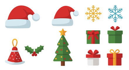 Christmas icons Santa hats gifts tree holly snowflakes bell
