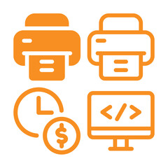 Four orange icons depict a printer, a clock with a dollar sign, and a computer monitor showing code.  These icons symbolize printing, time, finance, and programming.
