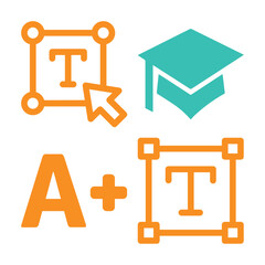 A graphic design featuring icons for text editing, graduation, and learning, symbolizing education and creative processes.