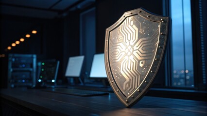 A futuristic shield with circuit designs stands prominently on a desk, illuminated in a modern workspace featuring computers and ambient lighting.