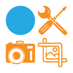 A collection of four distinct icons: a blue circle, crossed tools, a camera, and a cropping tool with a landscape image.