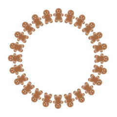 Vector illustration of a gingerbread man cookie wreath arranged in a circle. Festive Christmas border or frame design, perfect for holiday cards, invitations, packaging, and seasonal decorations