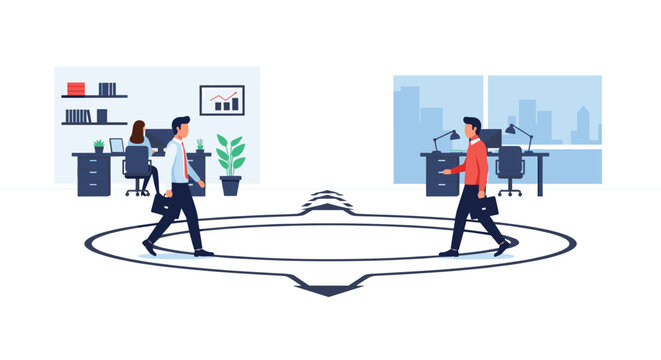 Businessmen walking in a continuous loop between two offices, illustrating the daily routine, cycle of work, or job rotation.