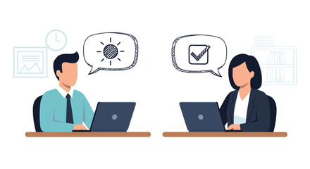 Colleagues collaborating on a project, with the man generating an idea and the woman approving it, showing effective teamwork.