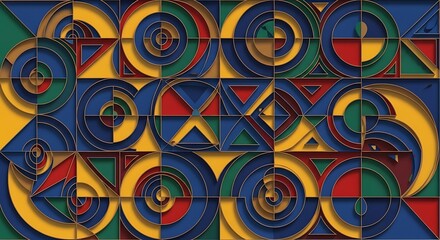 Vibrant geometric abstract pattern with concentric circles and triangles in bold blues, yellows, reds, and greens, creating a dynamic, modern art backdrop.
