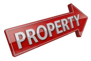 A glossy 3D red arrow sign features 'PROPERTY' in bold white letters, indicating real estate, investment, and future direction. background removed