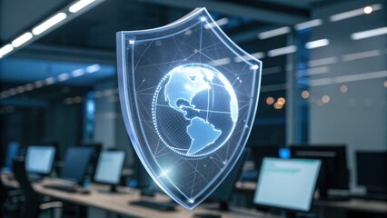 A digital shield overlaying a globe symbolizes cybersecurity, set in a modern office environment with computers in the background.
