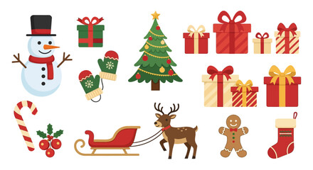 Christmas illustration snowman presents tree reindeer and more festive icons