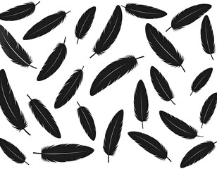 Obraz premium A pattern of floating, black, stylized bird feathers against a plain white background