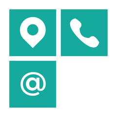 Three white icons representing location, phone, and email are displayed on a teal background in a grid layout.