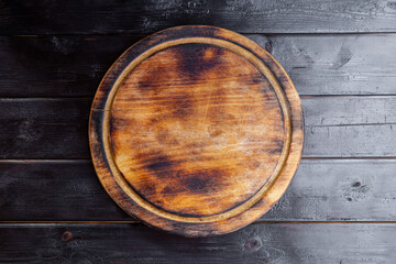 Pizza or bread cutting board for homemade baking on wooden table top view, food recipe concept at black wood background texture with copy space