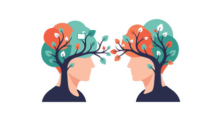 Two human profiles with interconnected trees growing from their minds, representing shared knowledge, empathy, and growth.