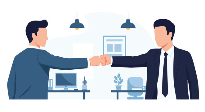 Two professional businessmen in suits celebrating a successful deal or project with a supportive fist bump in the office.