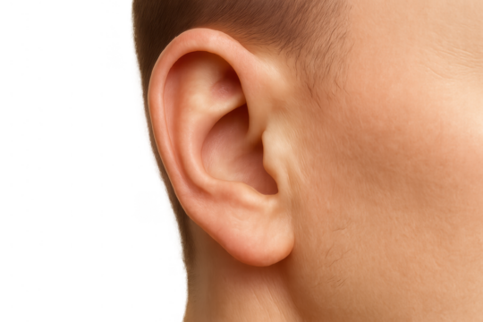 Human ear on a transparent background, representing hearing and sound perception, a vital human sensory organ and body part