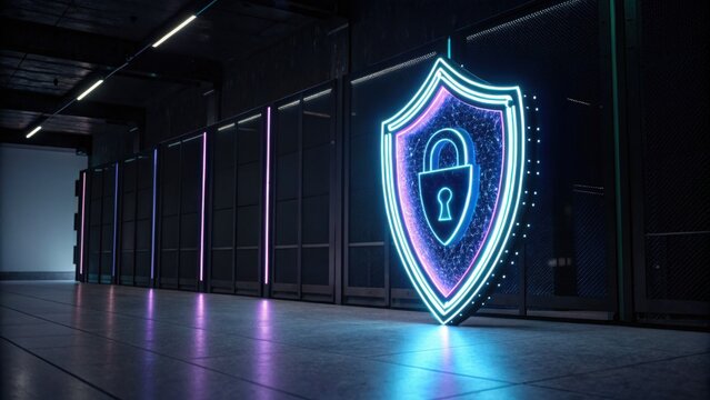 A digital shield icon symbolizes cybersecurity in a modern server room with glowing lights and sleek technology.