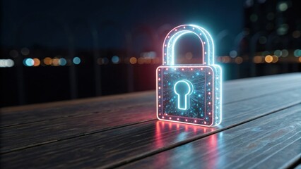 A glowing digital lock symbolizing security and protection, set against a blurred urban backdrop at night.