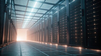 A futuristic server room with illuminated racks and a bright exit, showcasing advanced technology and a sleek design.