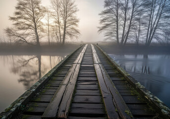 Wooden bridge leading through misty landscape reflections serenity