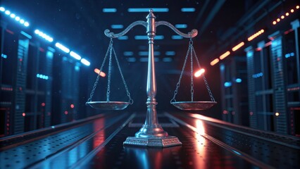 A modern representation of a balanced scale set in a high-tech environment, symbolizing justice and fairness.