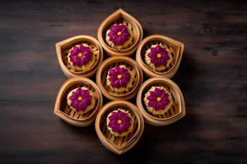 Fototapeta premium Flower Shaped Dumplings in Bamboo Steamers on Dark Wood Surface