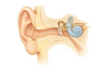 Human ear anatomy cross-section illustrating structures of outer, middle, and inner ear, depicting cochlea and eardrum, transparent background