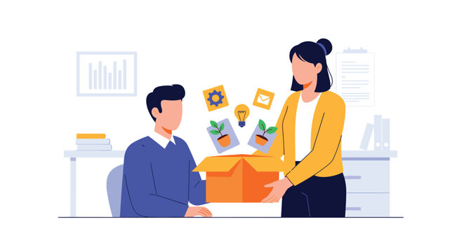 Human resources manager presenting an onboarding package to a new employee, filled with company knowledge and resources.