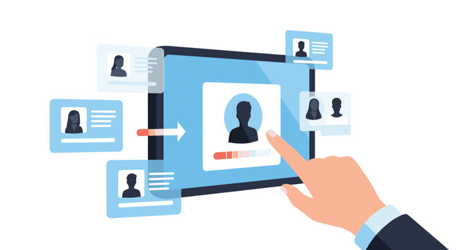 Recruiter's hand swiping through digital candidate profiles on a tablet, using an applicant tracking system for hiring.